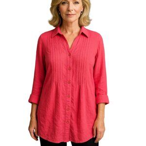 Woman Within XL Pink Button Down Collar Tunic Blouse Top Roll Tab Sleeves Airy